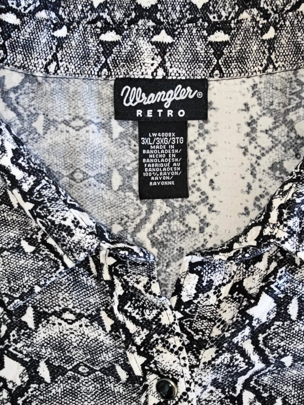 Wrangler Pearl Snap 3XL Snake Print Western Retro Cowgirl Shirt Black White - Picture 5 of 12